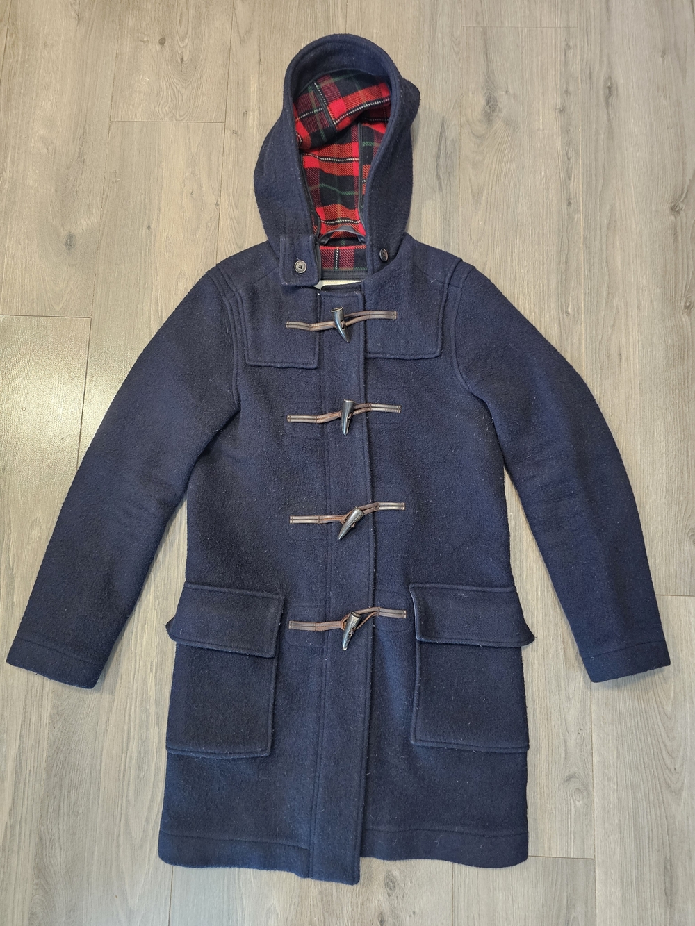 Abercrombie & Fitch Navy Pea Coat with Red Plaid Hood Lining- Women's